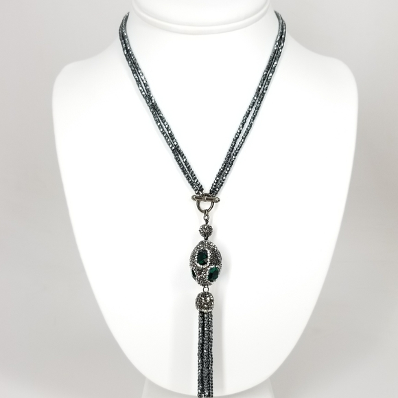 SueSue Jewelry - Green Crystal Gem Hematite Tassel Choker NWT